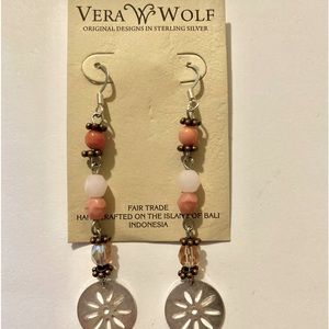 DESIGNER VERA WOLF 925 STERLING SILVER CORAL & ROSE QUARTZ DANGLE EARRINGS HTF
